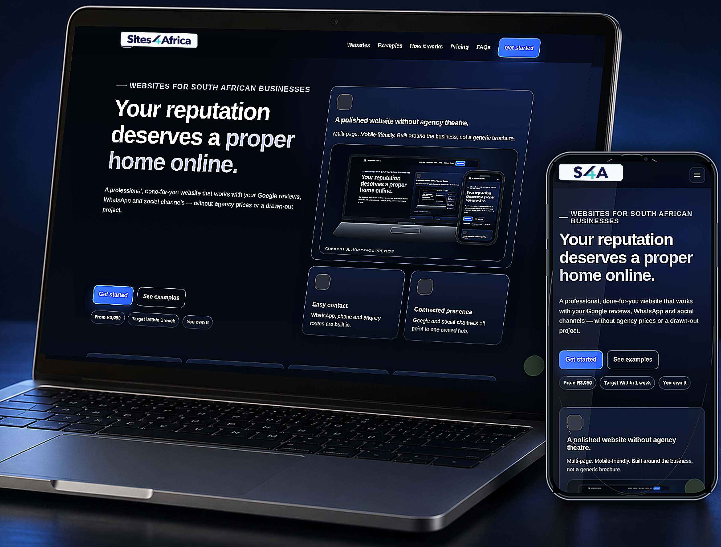 Current Sites4Africa homepage rendered on a premium laptop and smartphone