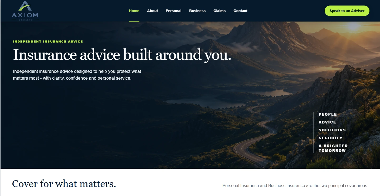 Axiom Brokers homepage hero screenshot showing the actual logo, navigation and insurance advice headline.