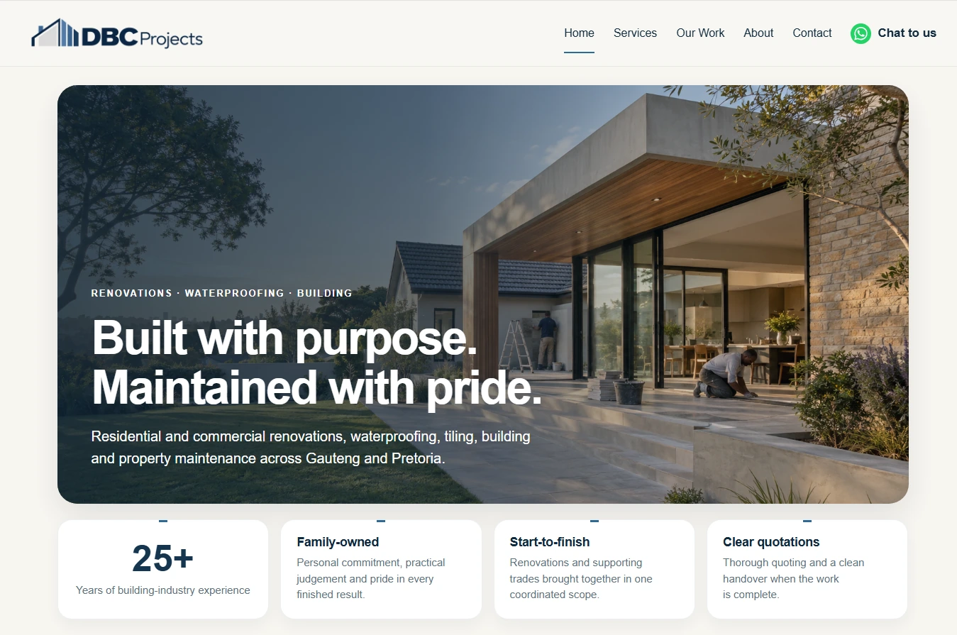 DBC Projects homepage hero screenshot showing the actual logo, navigation and construction-led hero section.