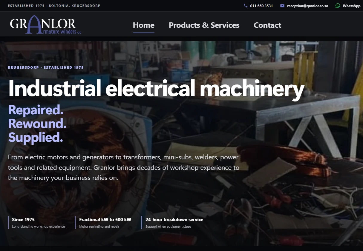 Granlor Armature Winders homepage hero screenshot showing the actual logo, navigation and workshop hero section.