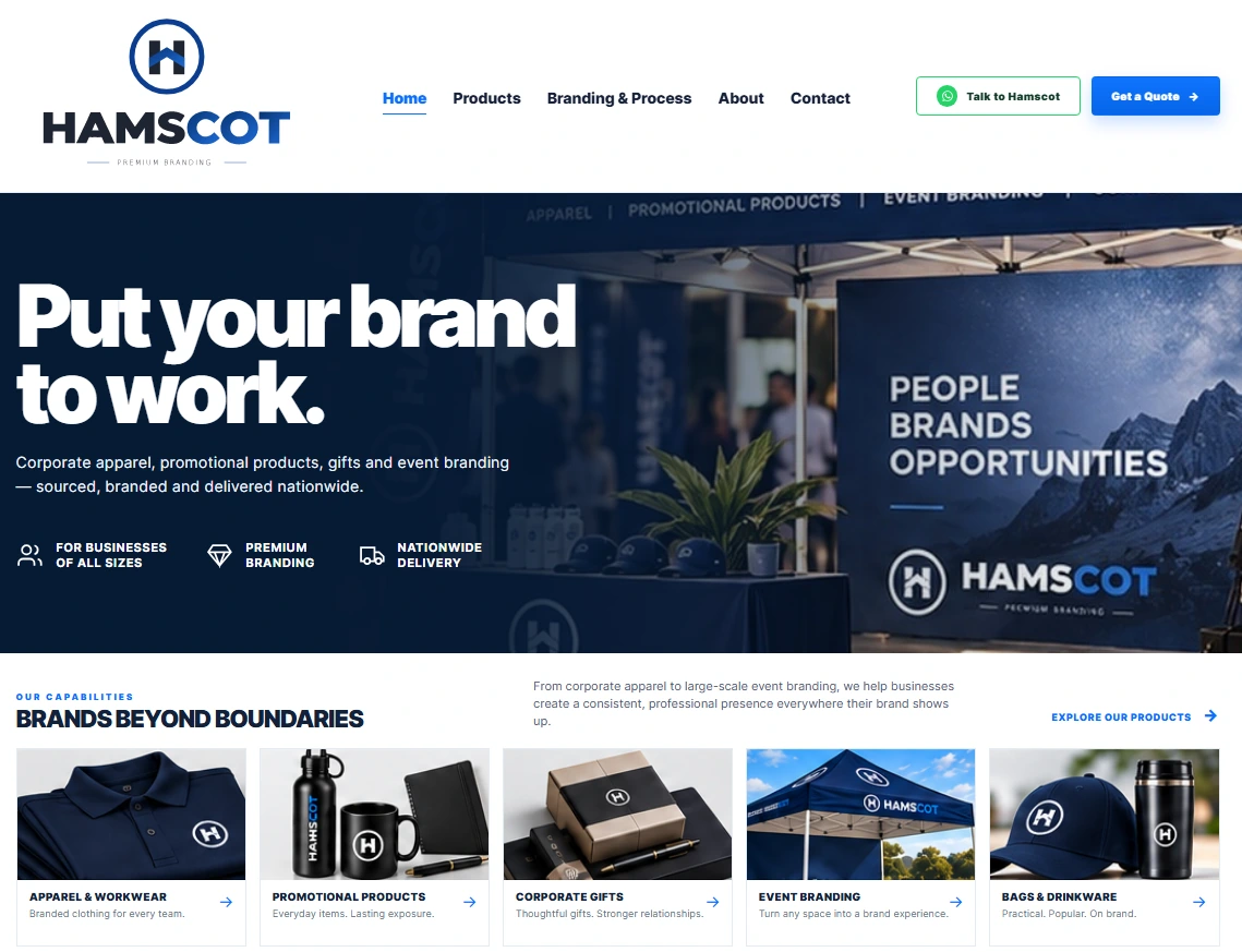 Hamscot homepage hero screenshot showing the actual logo, navigation and premium branding hero section.