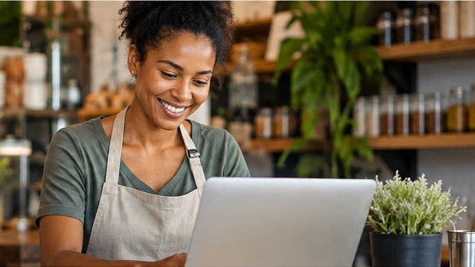 Small-business owner working on a laptop in her business
